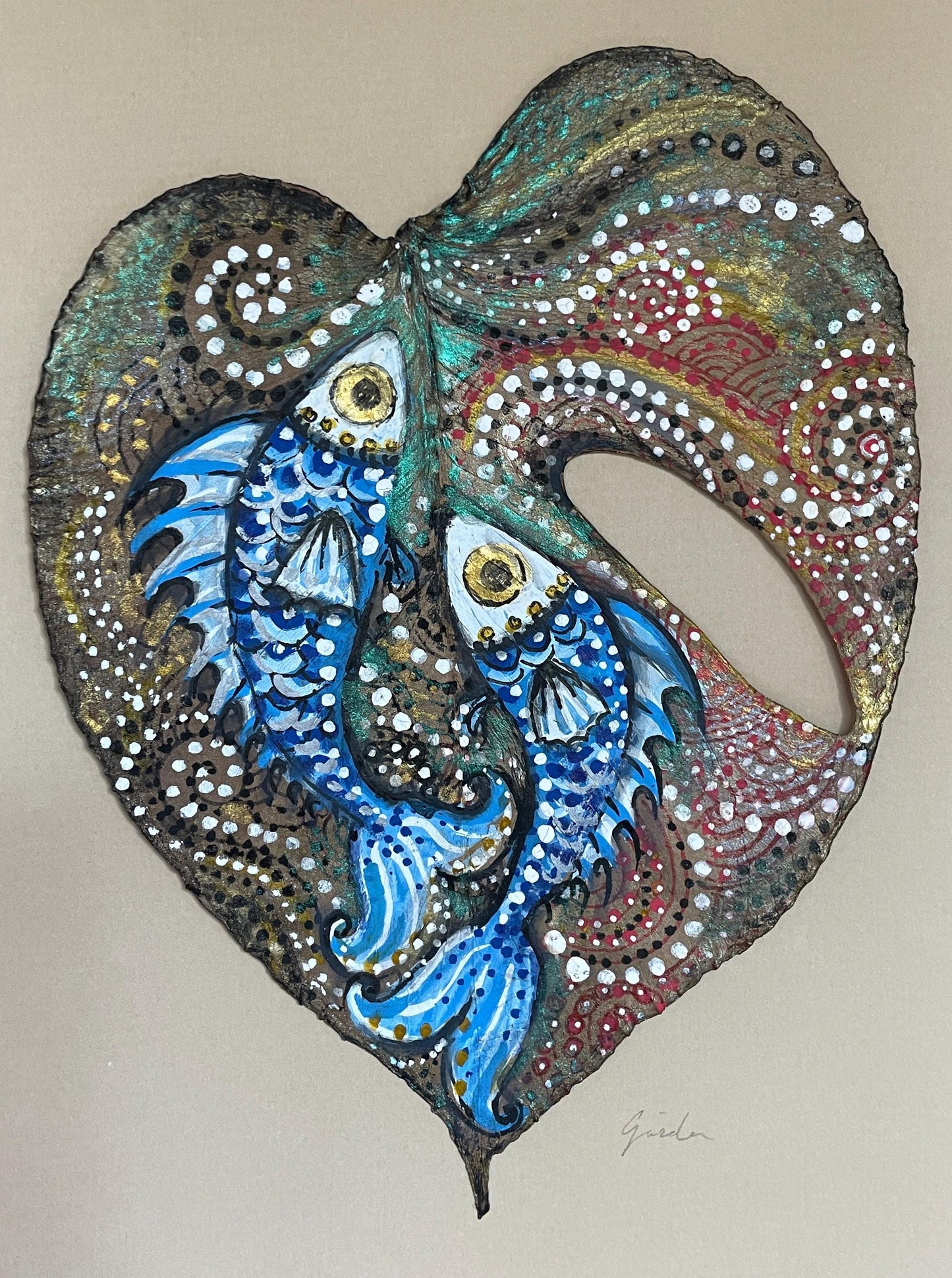 Fish - Hand-Painted on Natural Monstera Leaf Canvas