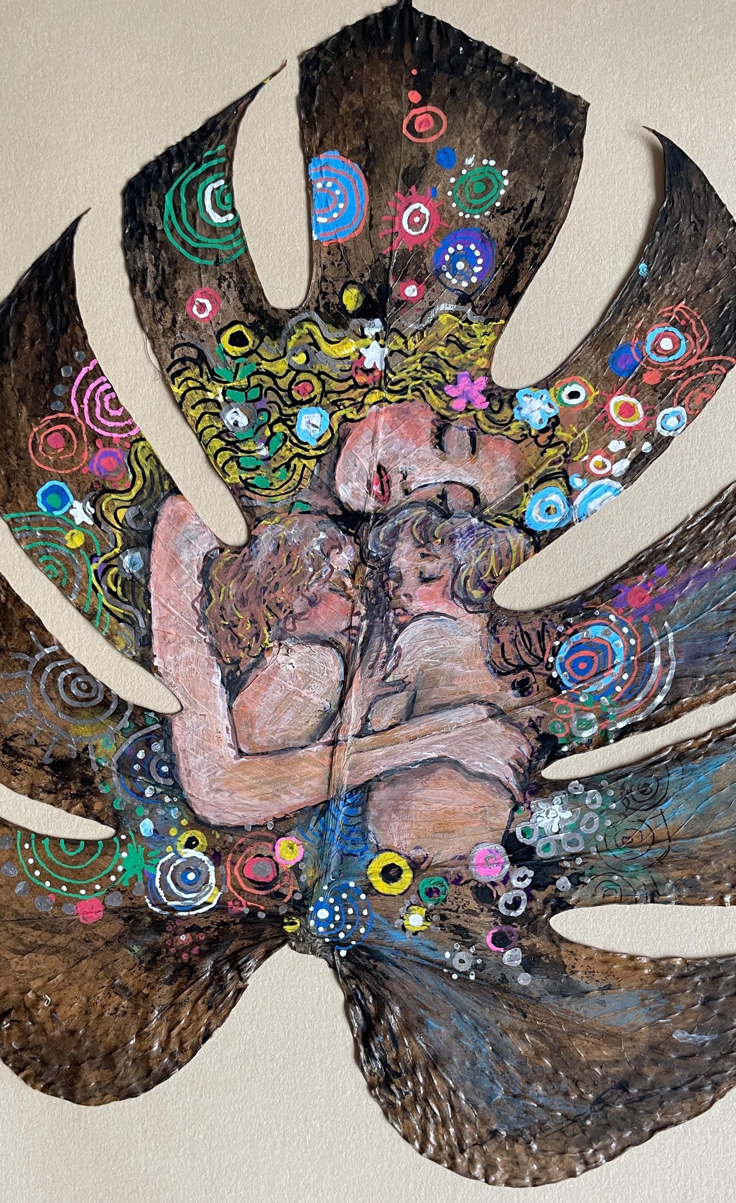 Mother & Child by Klimt - Hand-Painted on Natural Monstera Leaf Canvas