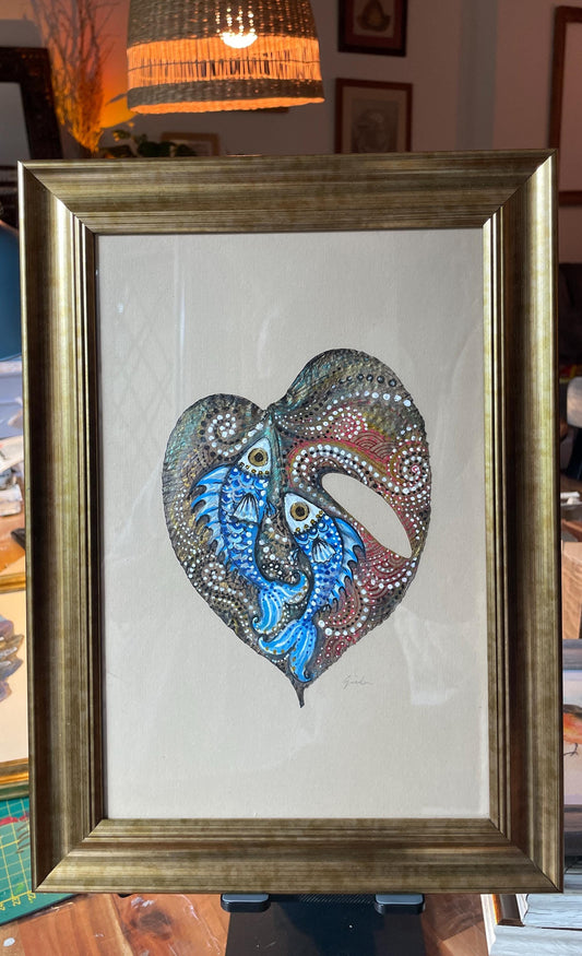 Fish - Hand-Painted on Natural Monstera Leaf Canvas