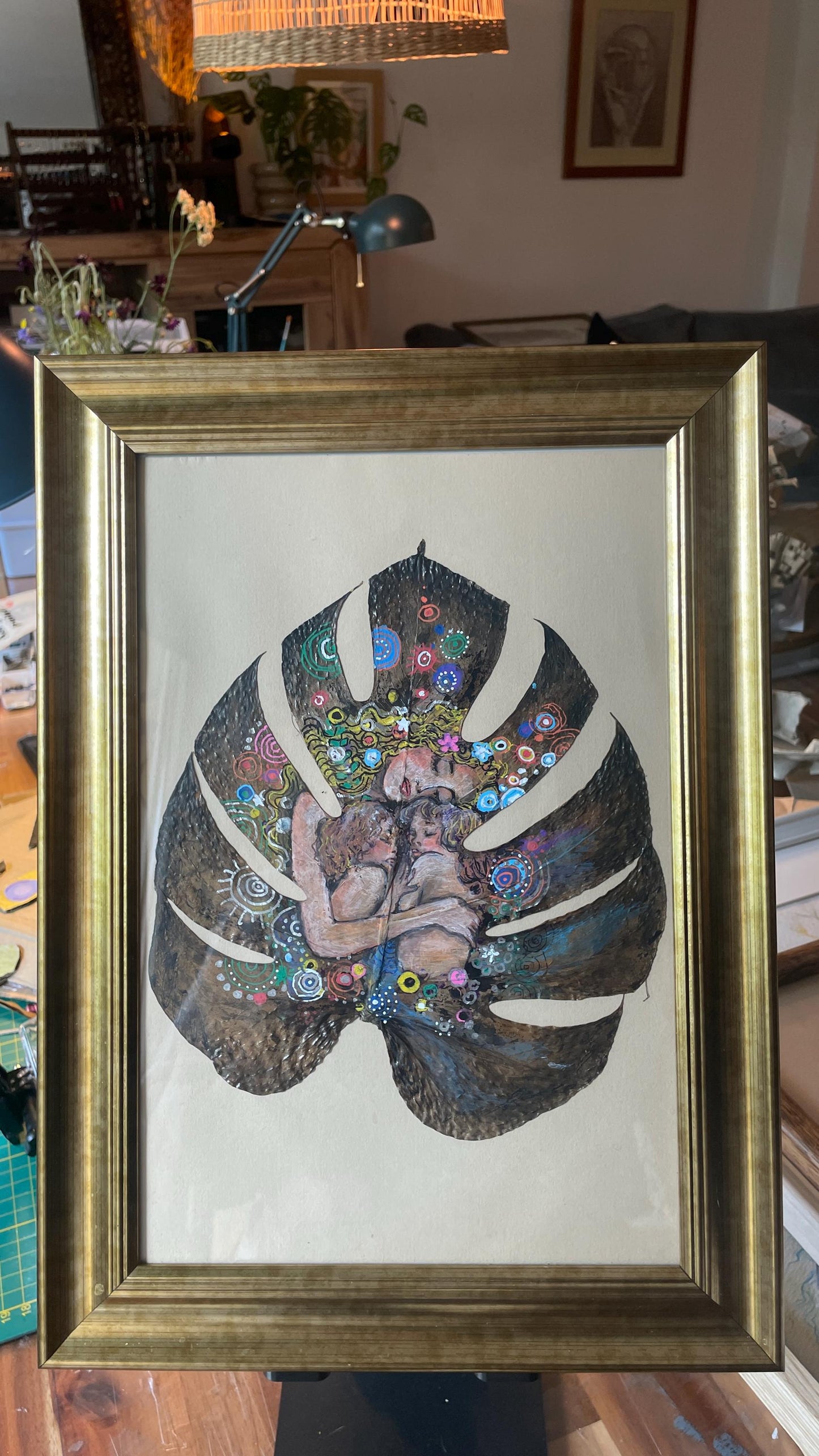 Mother & Child by Klimt - Hand-Painted on Natural Monstera Leaf Canvas