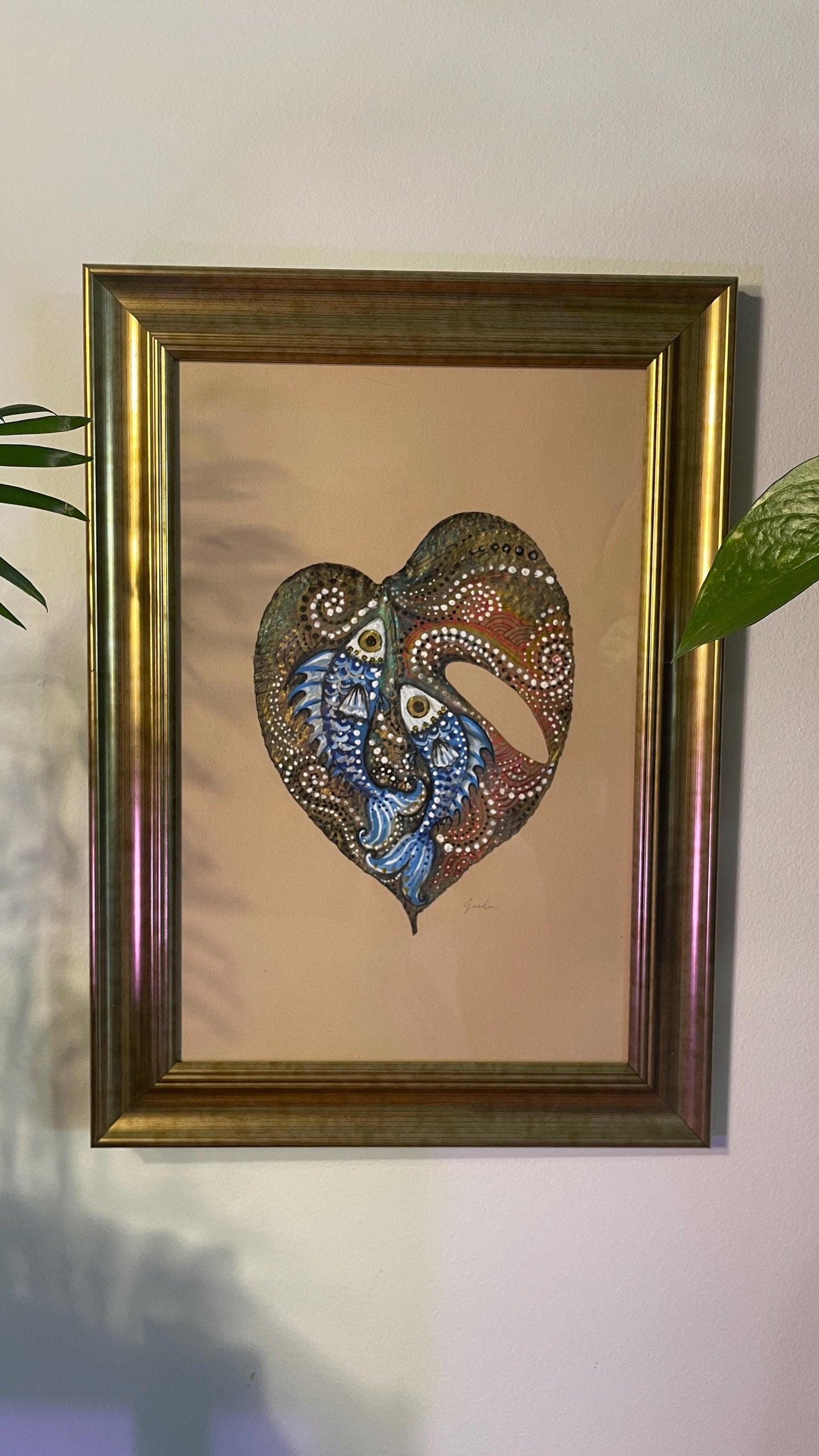 Fish - Hand-Painted on Natural Monstera Leaf Canvas