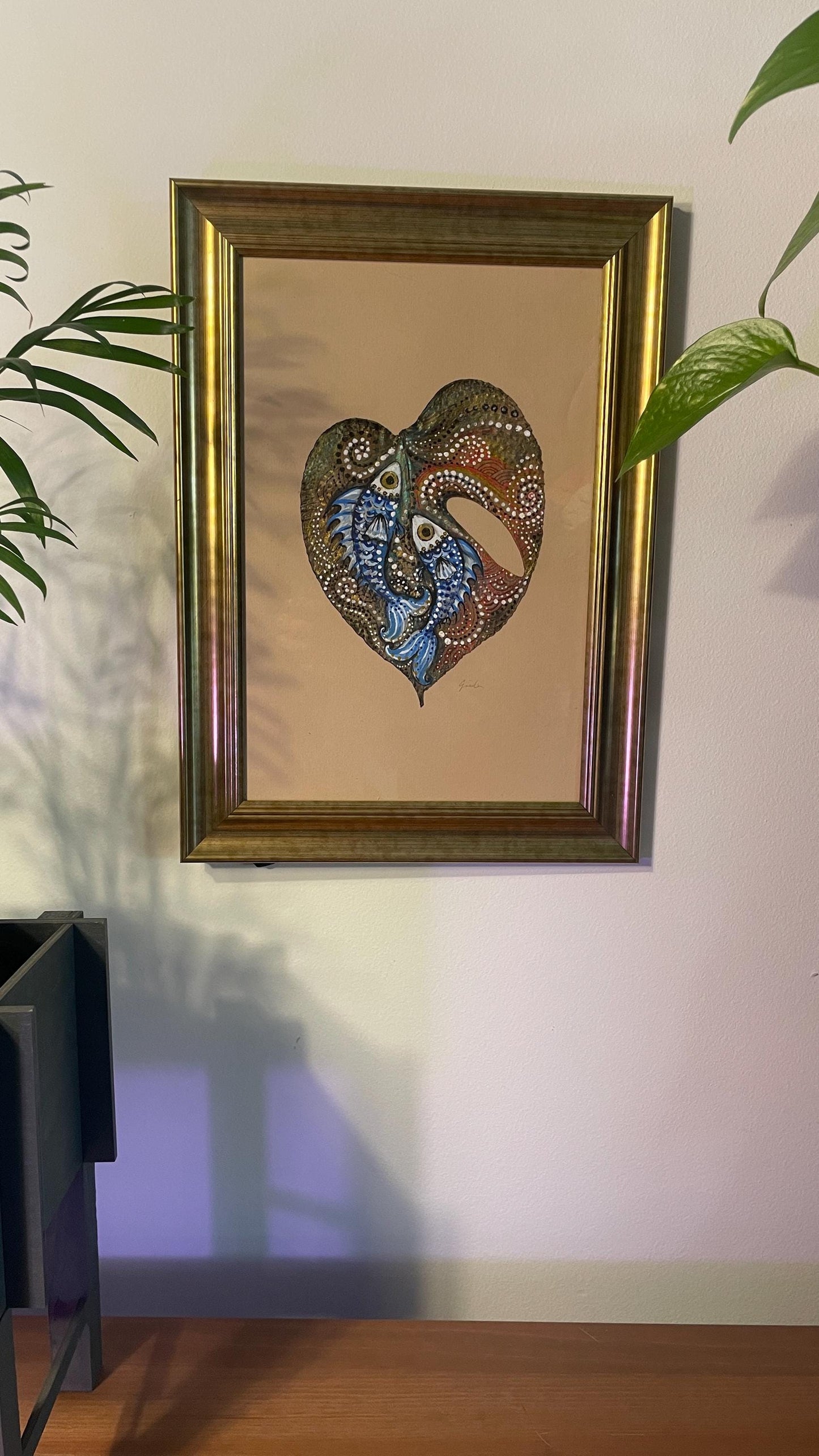 Fish - Hand-Painted on Natural Monstera Leaf Canvas