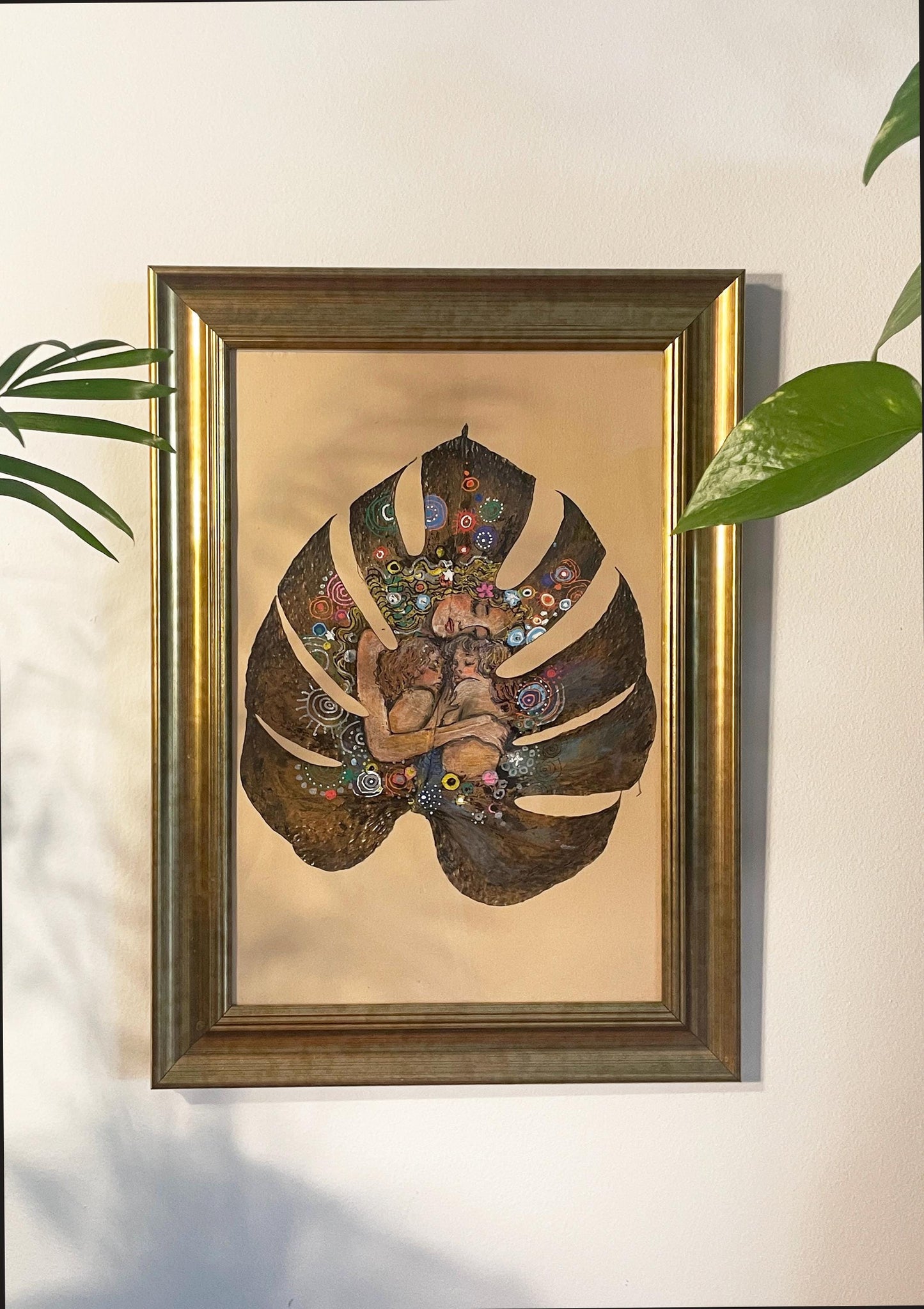 Mother & Child by Klimt - Hand-Painted on Natural Monstera Leaf Canvas