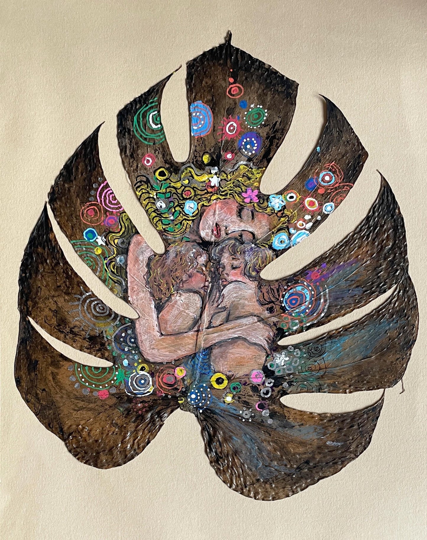 Mother & Child by Klimt - Hand-Painted on Natural Monstera Leaf Canvas