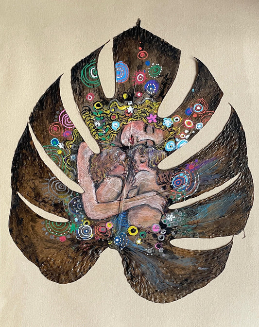 Mother & Child by Klimt - Hand-Painted on Natural Monstera Leaf Canvas