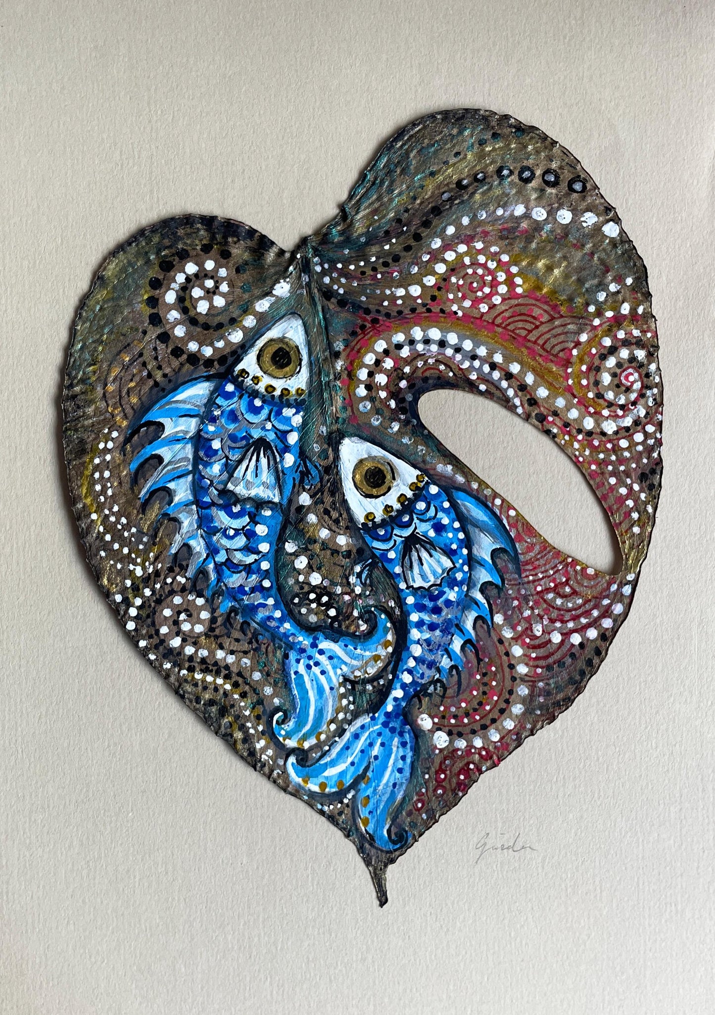 Fish - Hand-Painted on Natural Monstera Leaf Canvas