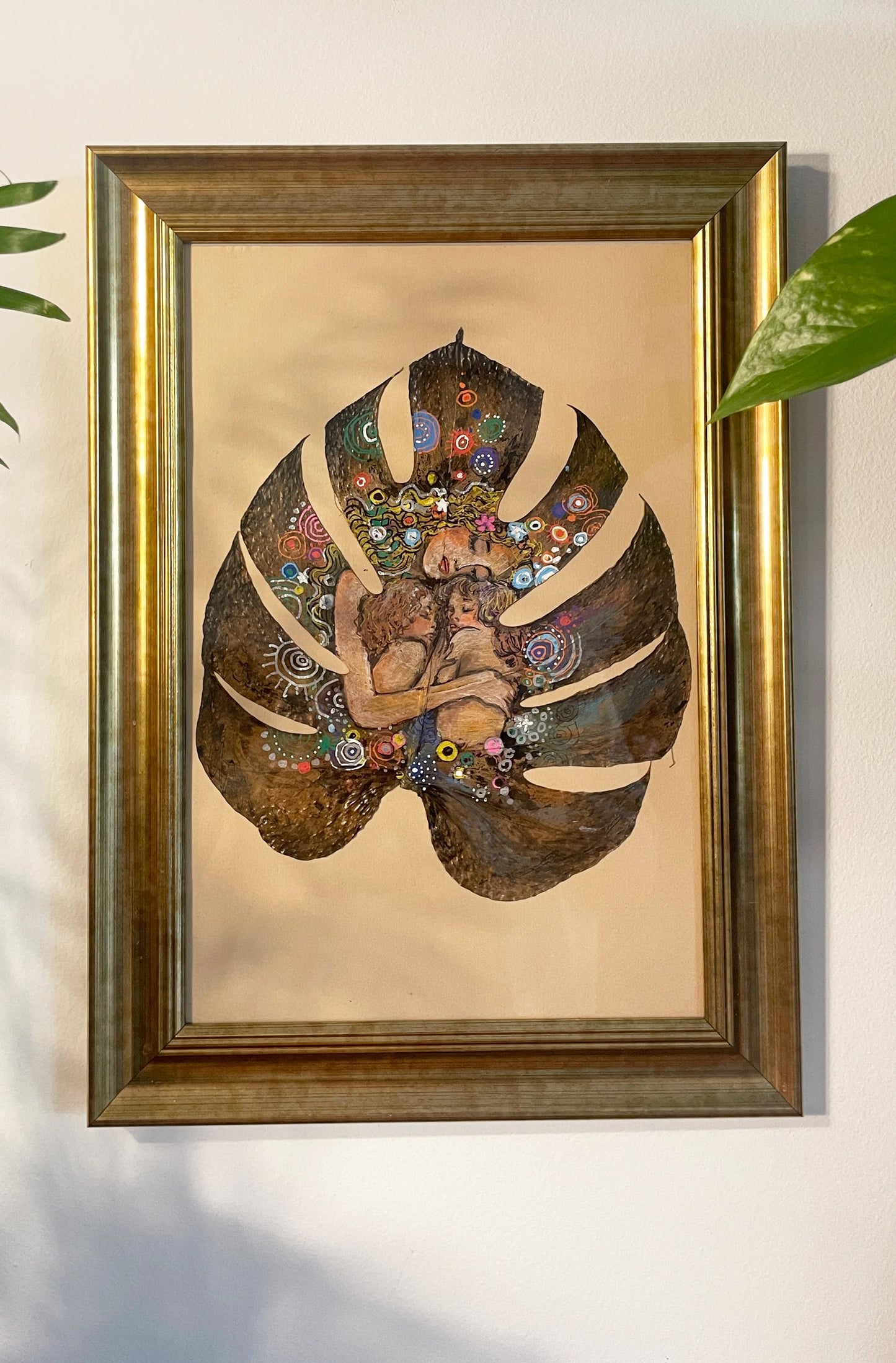 Mother & Child by Klimt - Hand-Painted on Natural Monstera Leaf Canvas