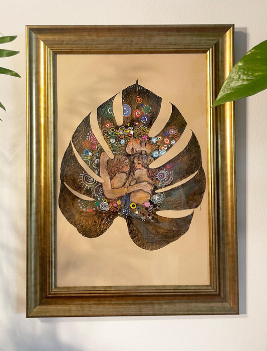 Mother & Child by Klimt - Hand-Painted on Natural Monstera Leaf Canvas